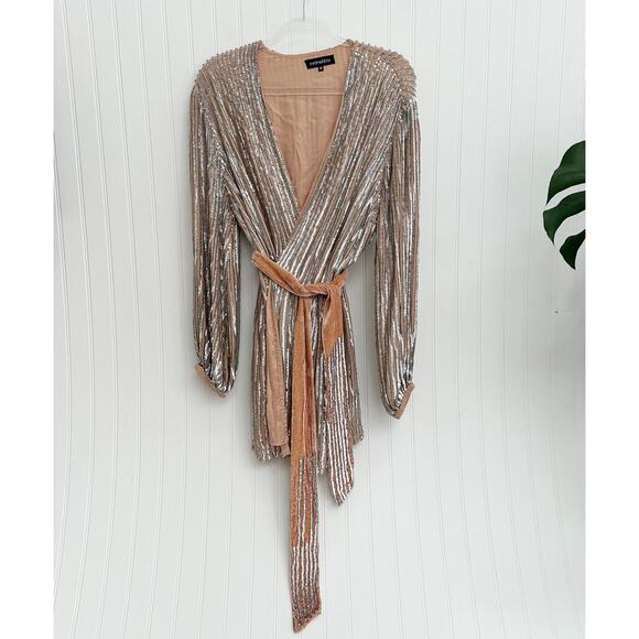 Retrofête Gabrielle Sequin Wrap Mini Dress Gold Silver Metallic Belted Medium - Picture 1 of 6